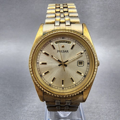 #ad Pulsar President Watch Men 35mm Champagne Dial Gold Tone Daydate Round New Batt $33.99