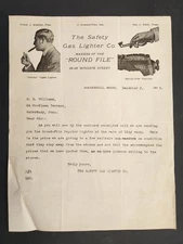 1913 antique SAFETY GAS LIGHTER Co haverhill ma LETTERHEAD round file torchy AD