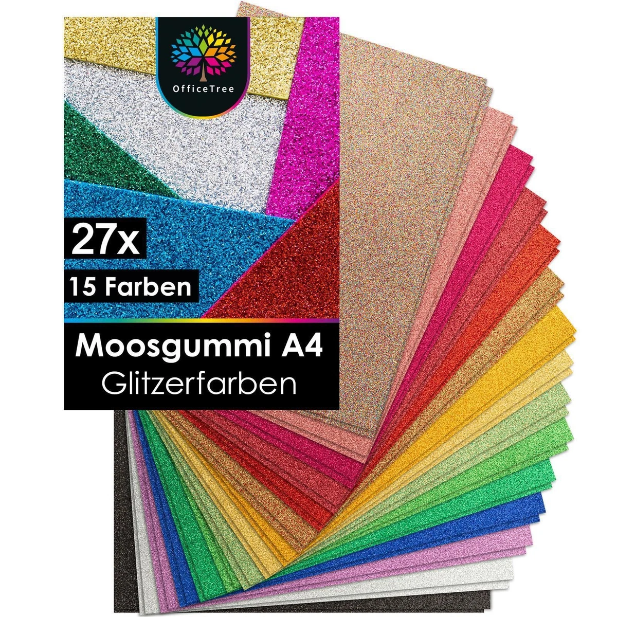 OfficeTree 30 Bögen Glitzer Moosgummi 2mm - 15 Farben - Moosgummi Platten A4
