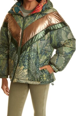 Farm Rio S Small Green Cool Leopard Reversible Puffer Jacket Hood Coat $300