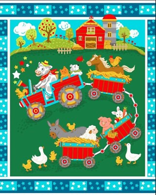Tractor pulling Farm Animal Baby Wall hanging Quilt top Panel Fabric 100% Cotton