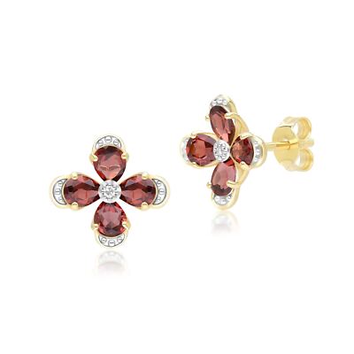 Floral Granat & Diamant Ohrstecker in 9 kt Gelbgold
