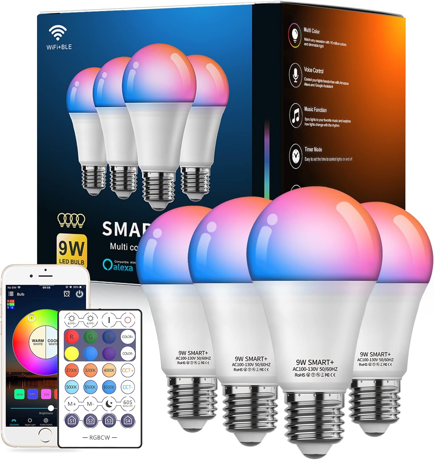Smart Light Bulbs 4Pack with Remote, A19 E26 800LM LED Color Changing Light Bulb