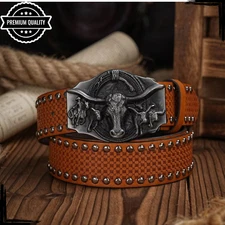 Mens Retro Leather Belt High Quality Bull Buckle Casual Jeans Cowboy Strap