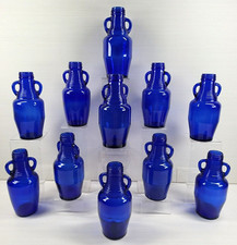 11 Cobalt Blue Bottles Set Vintage Double Handled Ribbed Neck Glassware Lot