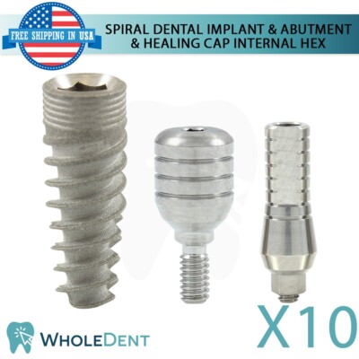 10x Dental Spiral Int Hex 2.42mm + Straight Abutment + Healing Cap set