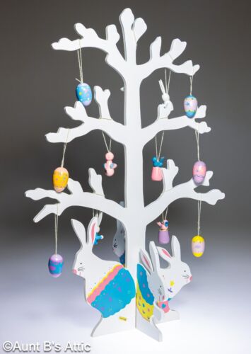 Easter Bunny Wooden Tree 18" Table Top Decoration With 12 Wooden Ornaments - Picture 3 of 3