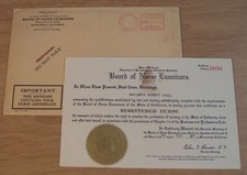 1940 CALIFORNIE Board of Registered Examiners CERTIFICAT pour "INFIRMIÈRE AUTORISÉE"