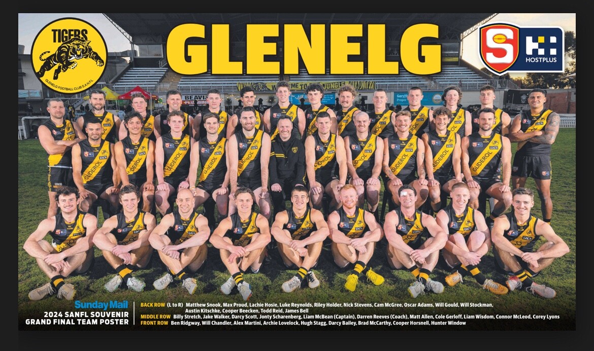 BIG 420mm GLENELG TIGERS 2024 SANFL TEAM POSTER,FREE POST BARGAIN