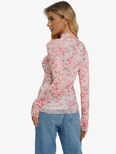 Floral Mesh Mockneck Long Sleeve Shirts for Women with Thumb Hole Fall Outfits - Picture 10 of 18