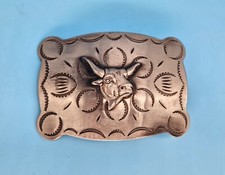 Vintage Nickel Plated Western Belt Buckle Cowboy Cowgirl Bull Steer Cow Rancher