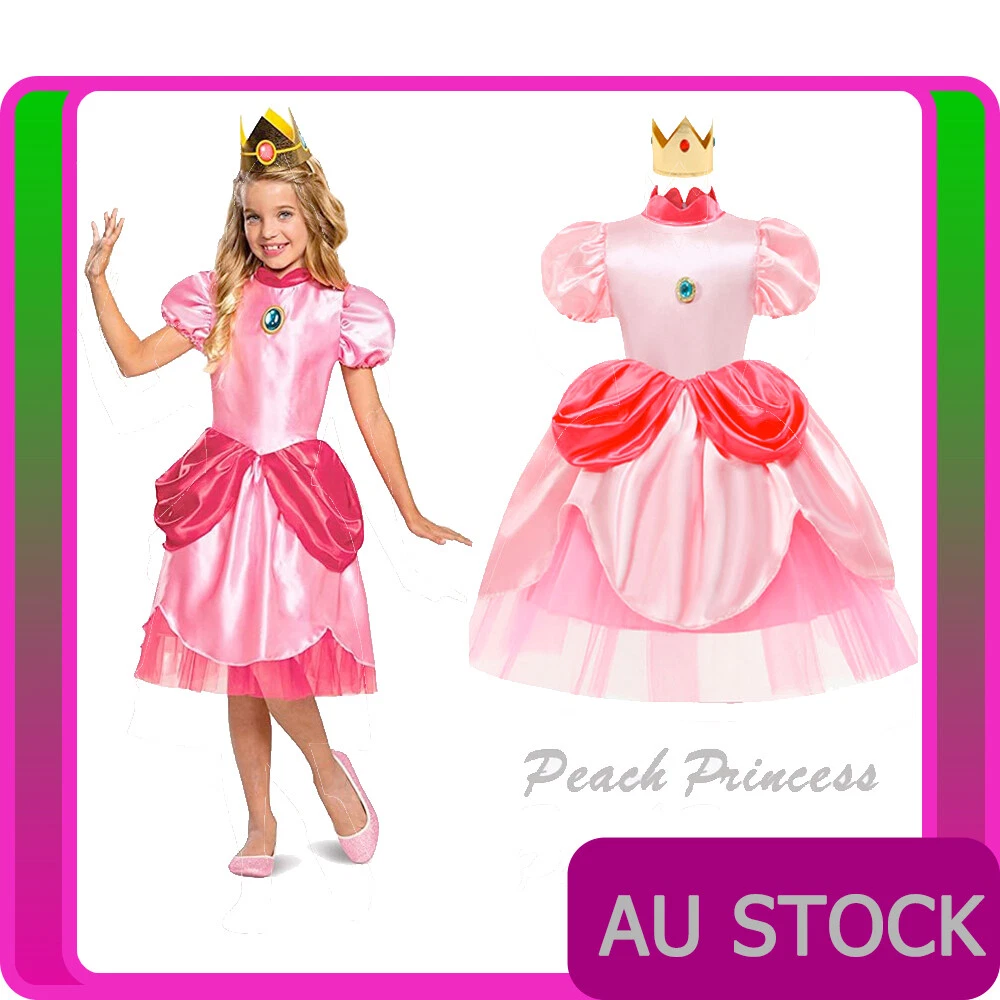 Girls Little Princess Peach Costume Kids Child Super Mario Brothers Fancy  Dress