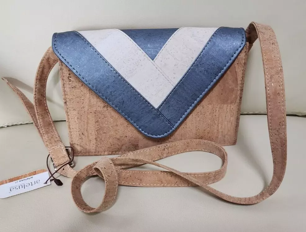 ARTELUSA Cork Shoulder Crossbody Bag Geometric Portugal Blue White Hand Made NWT