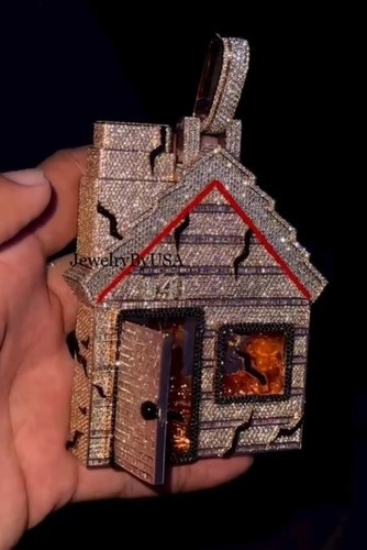 Men's Birthday Gift Simulated Baguette Diamond "TRAP HOUSE" Pendant 925 Silver - Picture 4 of 7