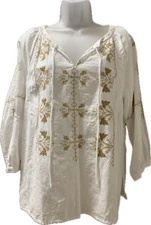 Talbots Linen Blend Pop Over Top White With Embroidered Cross Stitch Sz M