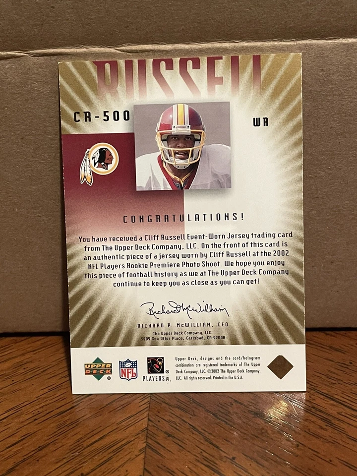 2002 UD Graded Jersey Relic /125 #CR-500 Cliff Russell Redskins - Image 2 of 2