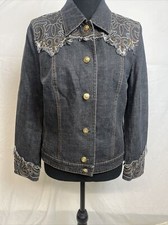 Escada Women's Black Denim Embroidered Jacket Frayed Trim Size 40