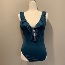 Vintage Womens Slimming Ruffle Front V Neck Slimming High Cut Leotard...