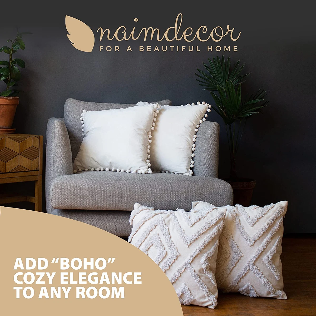 Set of 4 Cream Boho Throw Pillow Covers 18X18 Decorative Pillows
