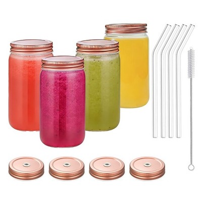 Glass Juicing Bottles with Straws & Lids-16 OZ，4 Pack Travel Drinking Jar