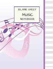 Blank Sheet Music Notebook Large 8.5" x 11"  WHITE PAPER  Purple Notes on P...