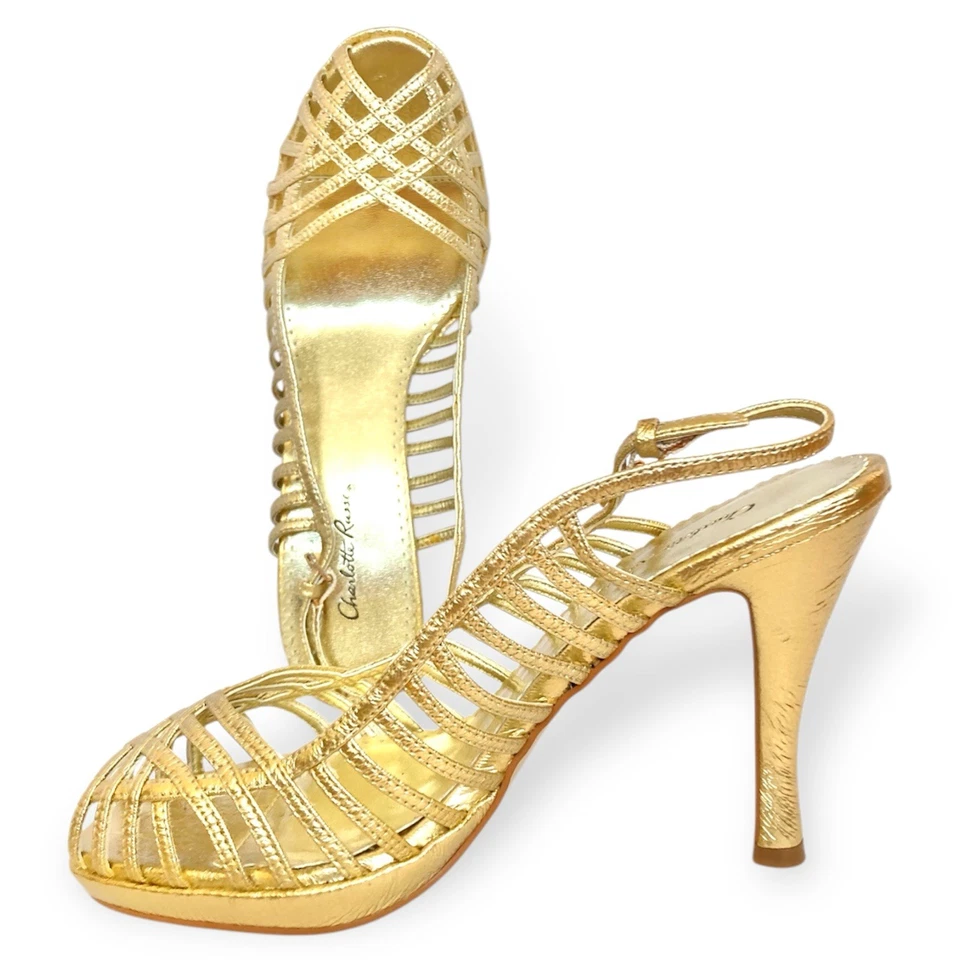 Zapatos de salón de tacón de aguja de colección Y2K Charlotte Russe dorados con cordones punta abierta 8 Foto 3 de 4