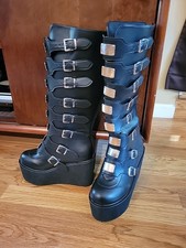 Women's Multi Buckle Knee High Boots Wedge Heel Shoes Platform Punk Goth Black