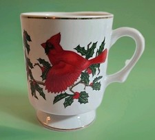 Lefton China Hand Painted Cardinal Holly Footed Mug Christmas 1063