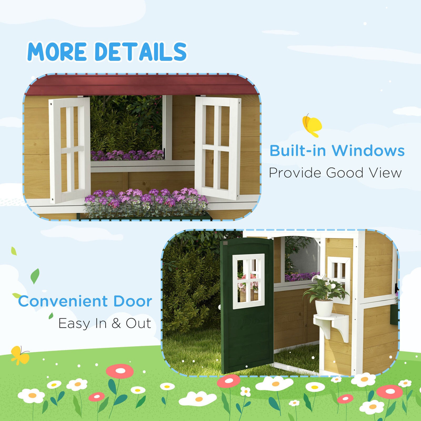 Playhouse for Kids with Doors Windows Planter Pots and Boxes