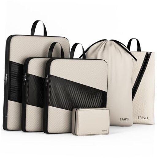 Compression Packing Cubes for Suitcases,  6 Set Travel Organizer Cubes Beige-image