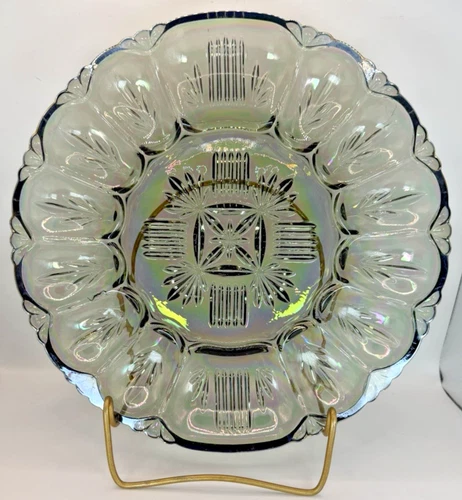 Federal Glass Iridescent Carnival Smoky Gray Egg Plate Tray 12 Whole Egg Vintage