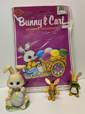 Vtg NOS Beistle Die Cut Easter Rabbit Honeycomb Centerpiece Bunny w/Cart & More