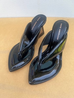 Good American Black Patent Thong Heels Sandals Sz 7.5 Geometric Heel Euro Summer