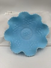 Vintage Fenton Light Blue Ruffled Glass Bowl 10 Across Cherry Blossom 3 Tall