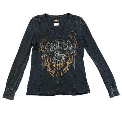 Women s Harley Davidson LS V neck Shirt Black Eagle Flame Ride To Live AZ Small