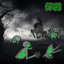 6Pcs Glow in The Dark Halloween Skeleton Skull Yard Signs Spooky Graveyard Decor
