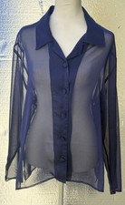Frederick s Of Hollywood Sheer Satin Navy Blue Shirt Pajama Top Size Large