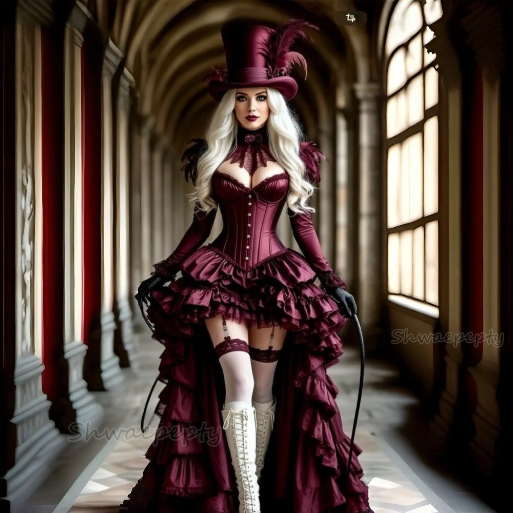 Medieval Steampunk Corset Dress Ruffles Tiered High Low Evening Dresses Vintage