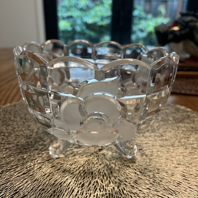 Frosted Flower Clear Cut Glass Tri Footed Candy Dish 5.5'' Scalloped Edge