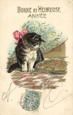 PC KATZEN, FROHES NEUES JAHR, Vintage EMBOSSED Postkarte (b47014)