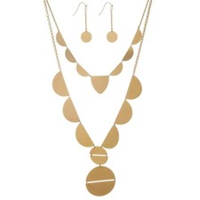 Gold Tone Two Layer Necklace Set w/geometric shapes matching Earrings NWT