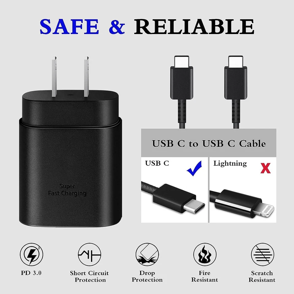2 Pack Samsung Galaxy S24 S23 S22 S21 Ultra USB-C PD 25W Fast Wall Charger+Cable - Image 3 of 4