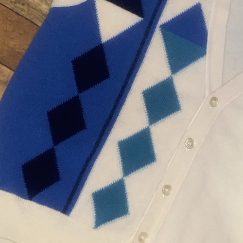Vintage Pringle Nick Faldo Golf Size XL Cream Blue Wool Argyle Jumper Cardigan - Picture 18 of 22