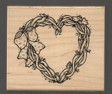 Grapevine Heart Wreath Rubber Stamp bow wood mount TRL Design