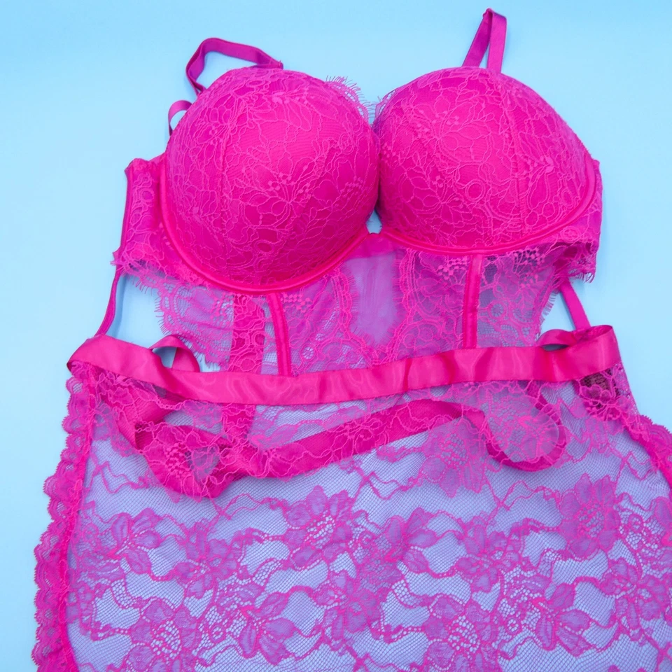 Lencería de peluche Victoria's Secret XXL rosa bomba con tiras delantal push up encaje VS Foto 4 de 4