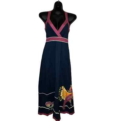 FEVER LONDON navy/pink boho maxi dress with floral design along hem. Size:  4 | eBay