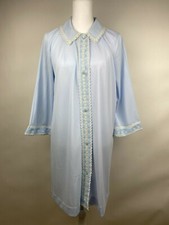 Vtg Miss Elaine S/M Blue Button House Dress Lace Trim Hostess Gown Robe 3/4 Slvs