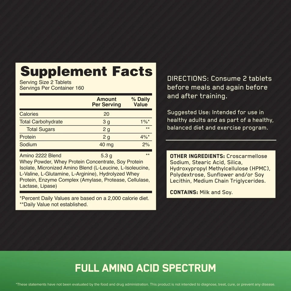 Optimum Nutrition Superior Amino 2222 comprimidos, aminoácidos essenciais, 320 unidades - Imagem 2 de 4