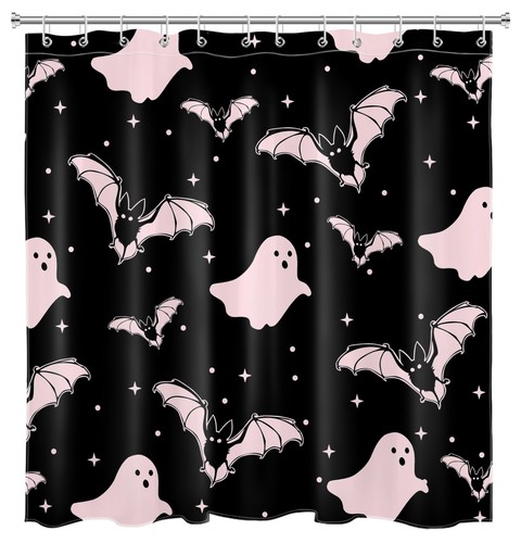 Creepy Bat Pink Ghost Black Halloween Shower Curtain Bathroom Accessories Set - Picture 12 of 21
