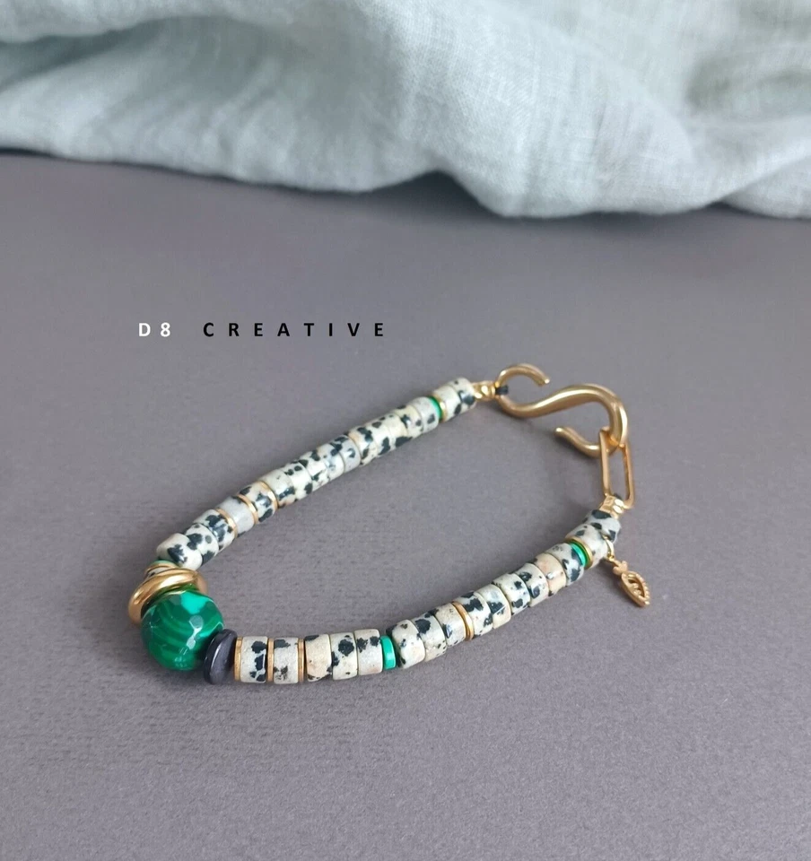 Nuevo Hombre Jaspe Dálmata Natural con Piedras Preciosas y Pulsera Acero Inoxidable Foto 4 de 4